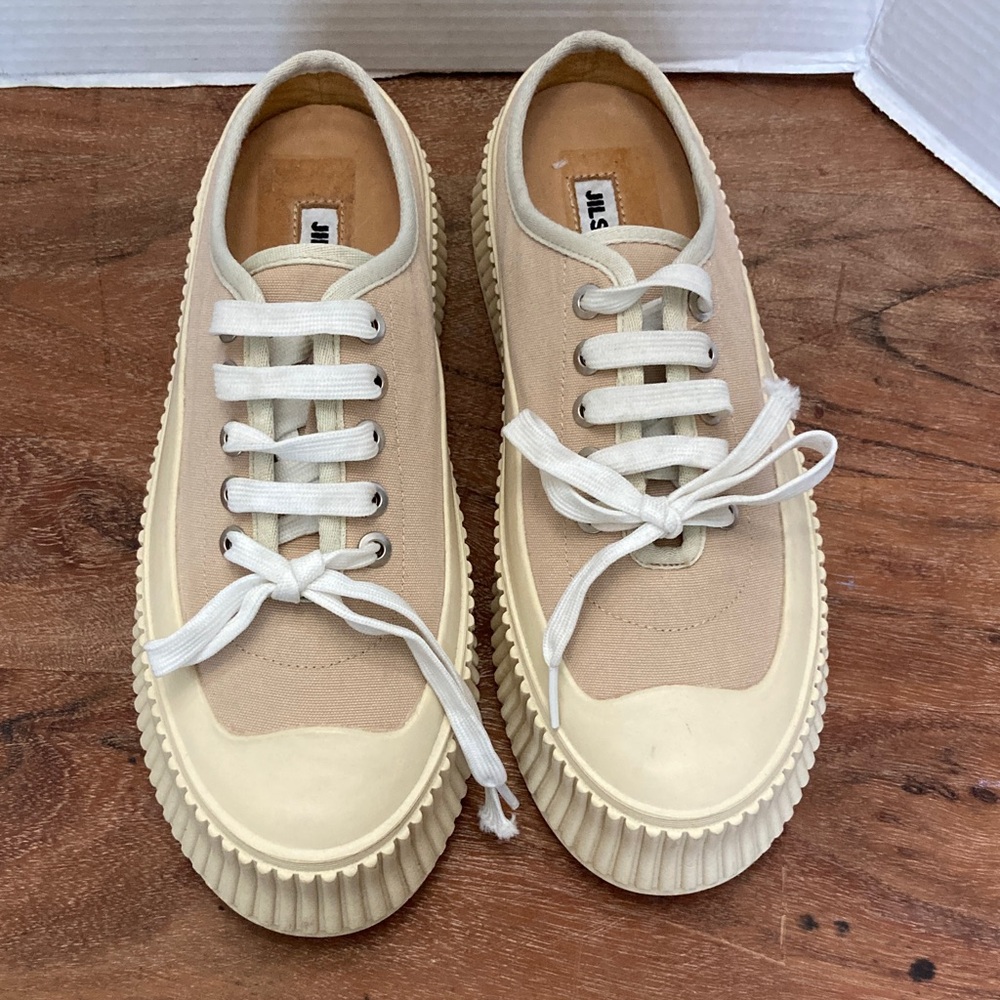 JIM SANDER Exaggerated Sole Canvas Beige and Cream Trainers Sneakers 
SIZE 38